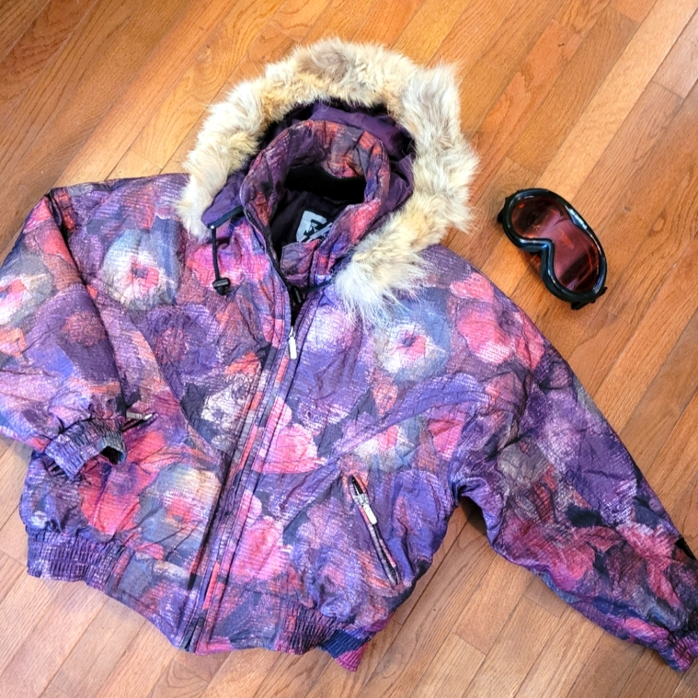 RARE Vintage Retro Ski Puff Jacket Women's Coat Fur Puffer Medium Purple Tyrolia